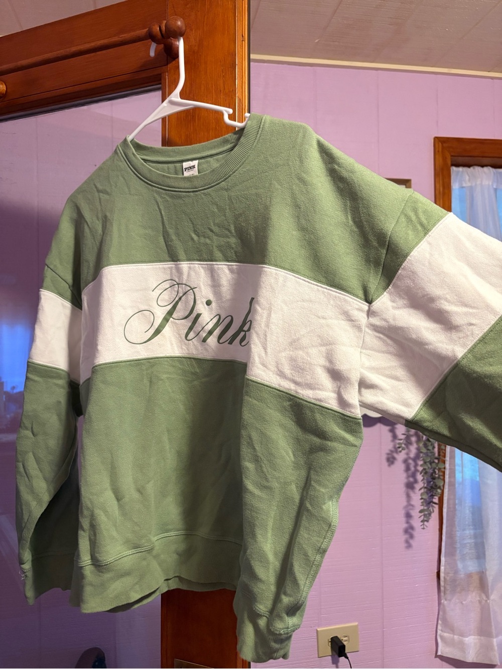 PINK Victoria's Secret Sage Green & White Colorblock Crewneck Sweatshirt